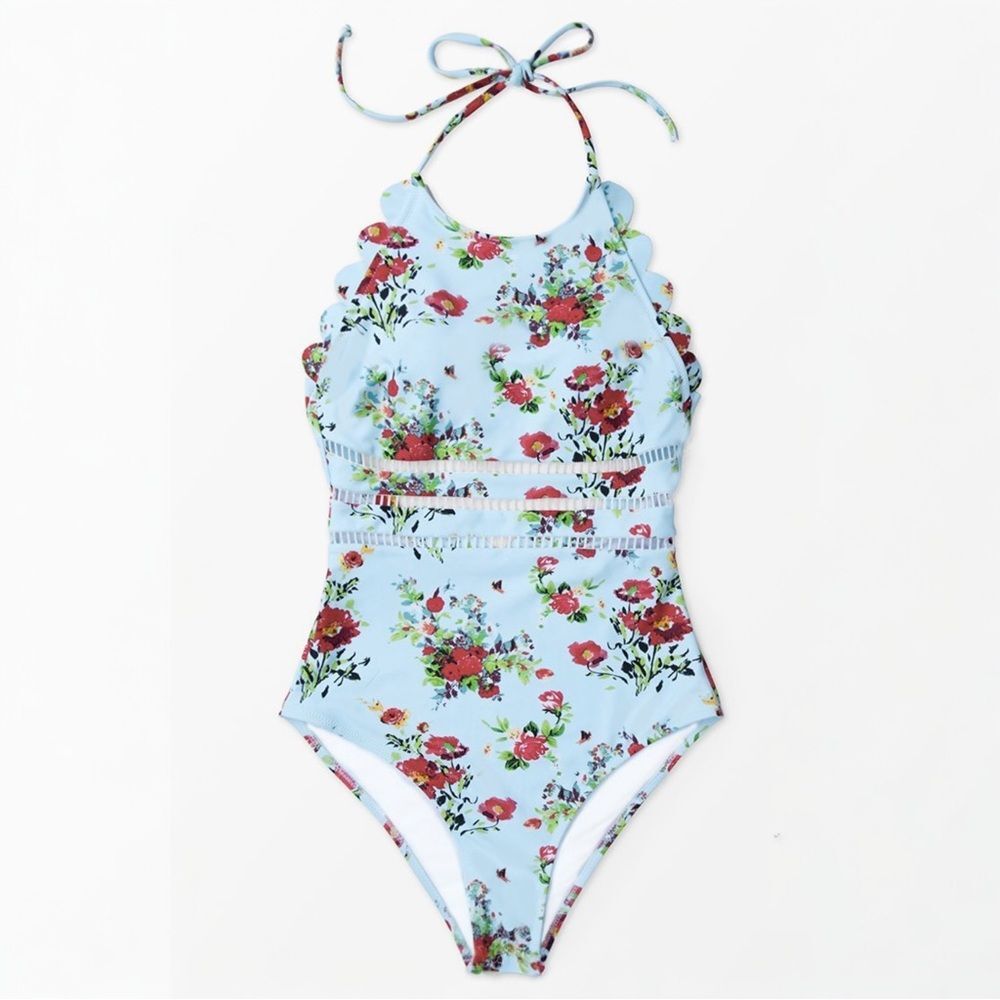 NWT Cupshe Light Blue And Red Floral Halter One-Piece Swimsuit Size Medium New - Picture 2 of 16